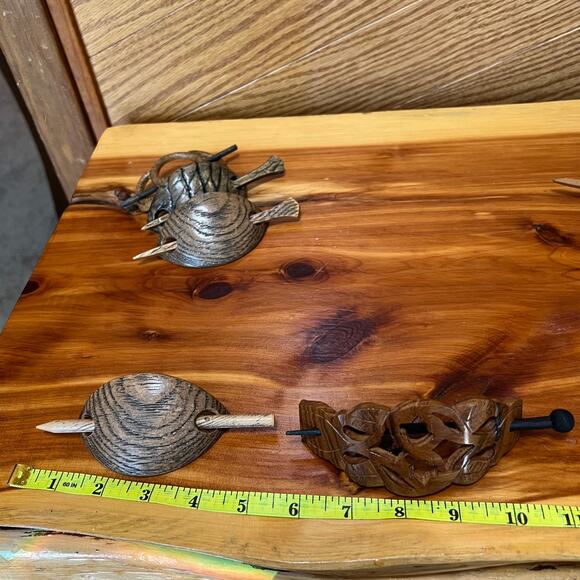 Vintage Carved Wooden Stick Bun Holder Cage Chignon MCM Long Hair Barrette - Picture 6 of 10